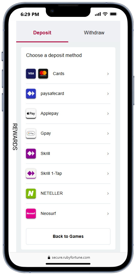 Ruby Fortune Casino offers several banking options