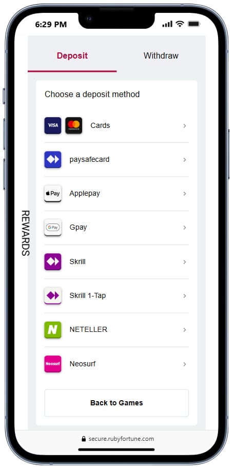 Ruby Fortune Casino offers several banking options