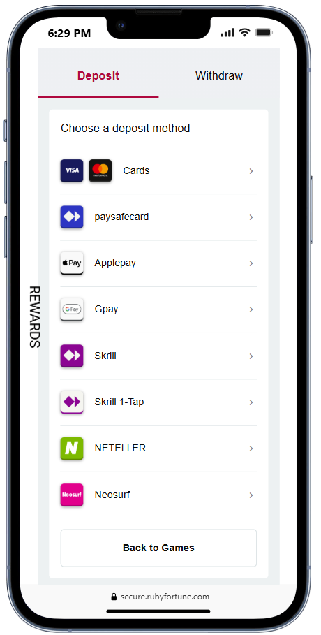 Ruby Fortune Casino offers several banking options